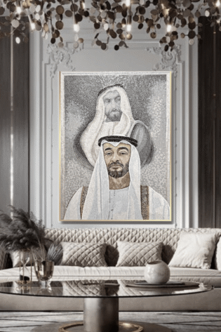 فسيفساء من حجر اليشم الجليدي مصنوعة يدويًا بإطار ذهبي لسمو الشيخ محمد بن زايد وسمو الشيخ زايد آل نهيان 120 × 160 سم Qp104